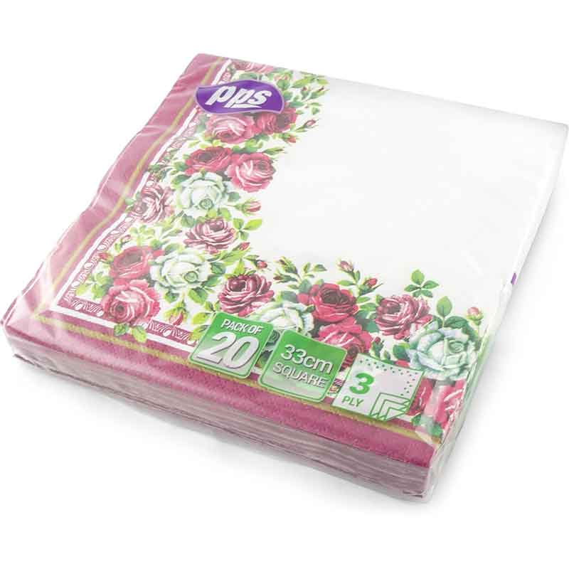 20PK 33cm 3PLY RED ROSE BORDER NAPKINS