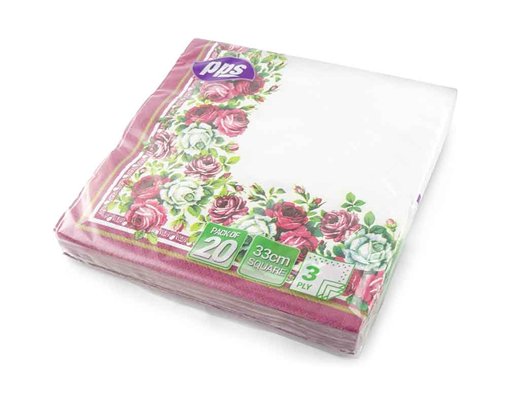 20PK 33cm 3PLY RED ROSE BORDER NAPKINS