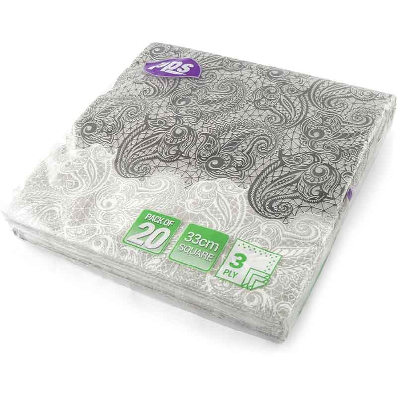 20PK 33cm 3PLY BLACK & WHITE PAISLEY NAPKINS