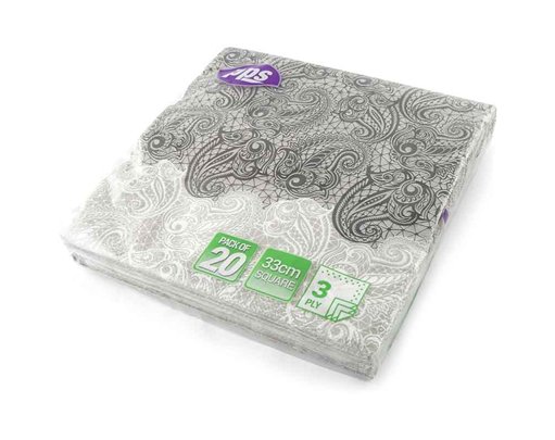 20PK 33cm 3PLY BLACK & WHITE PAISLEY NAPKINS