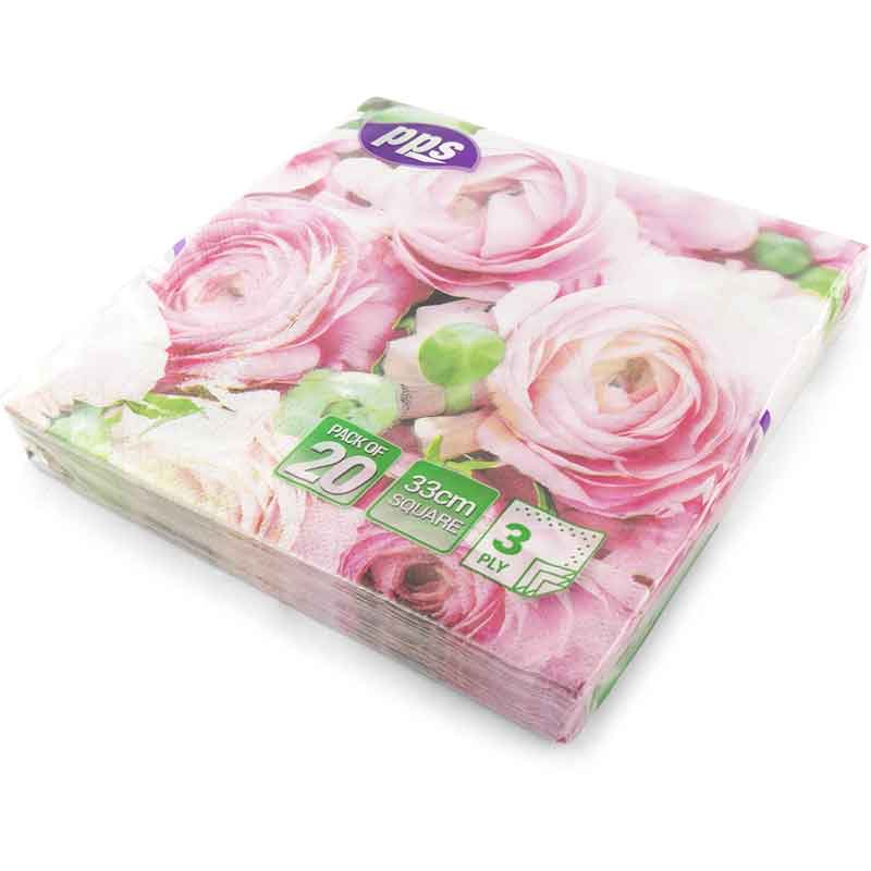 20PK 33cm 3PLY PINK ROSES & GREEN LEAF NAPKINS