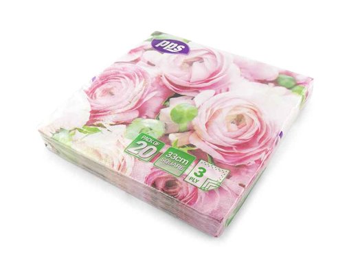 20PK 33cm 3PLY PINK ROSES & GREEN LEAF NAPKINS