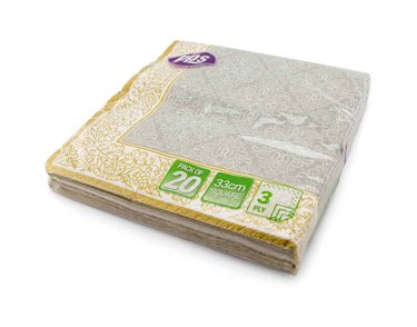 20PK 33cm 3PLY SILVER WITH GOLD BORDER NAPKINS