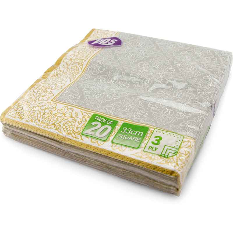 20PK 33cm 3PLY SILVER WITH GOLD BORDER NAPKINS