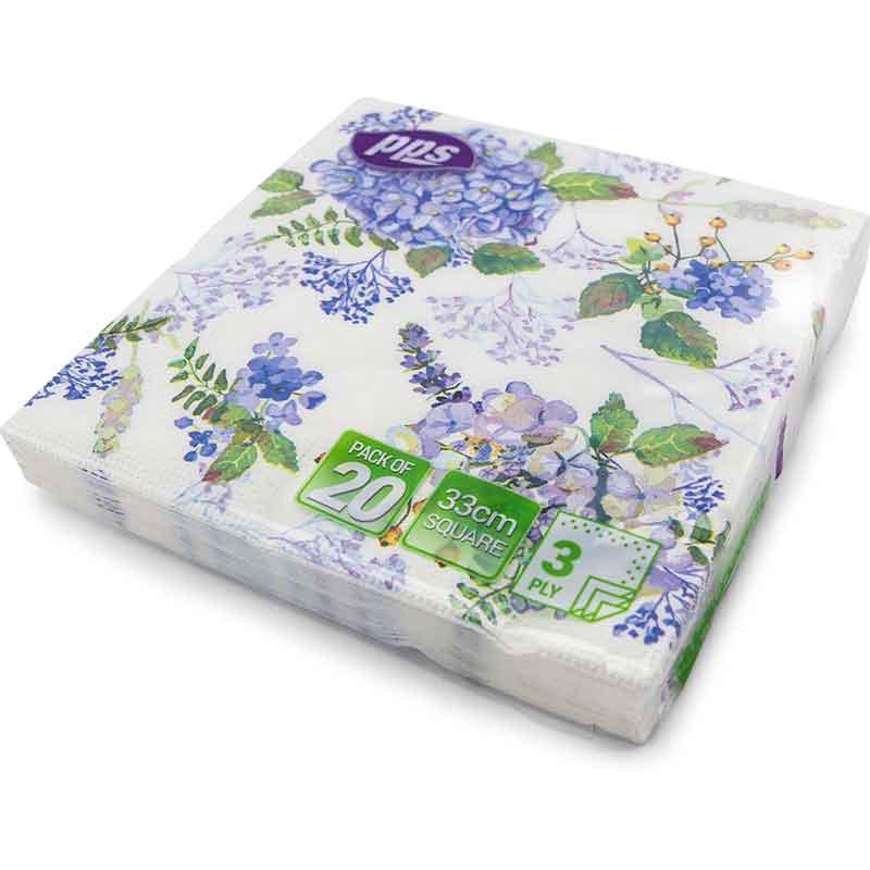 20PK 33cm 3PLY BLUE FLOWER WITH LEAF NAPKINS