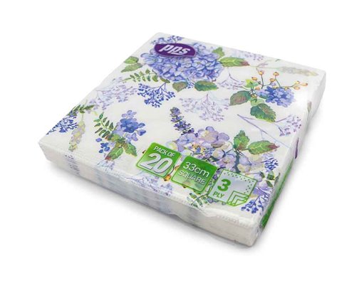 20PK 33cm 3PLY BLUE FLOWER WITH LEAF NAPKINS