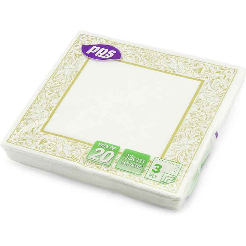 20PK 33cm 3PLY SQUARE GOLD BORDER NAPKINS