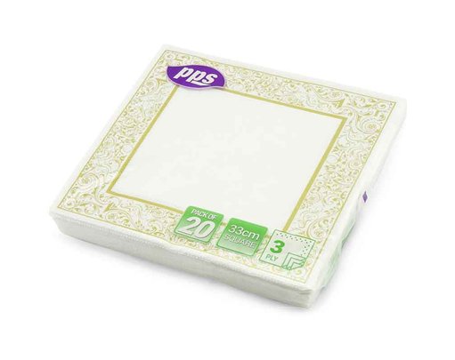 20PK 33cm 3PLY SQUARE GOLD BORDER NAPKINS