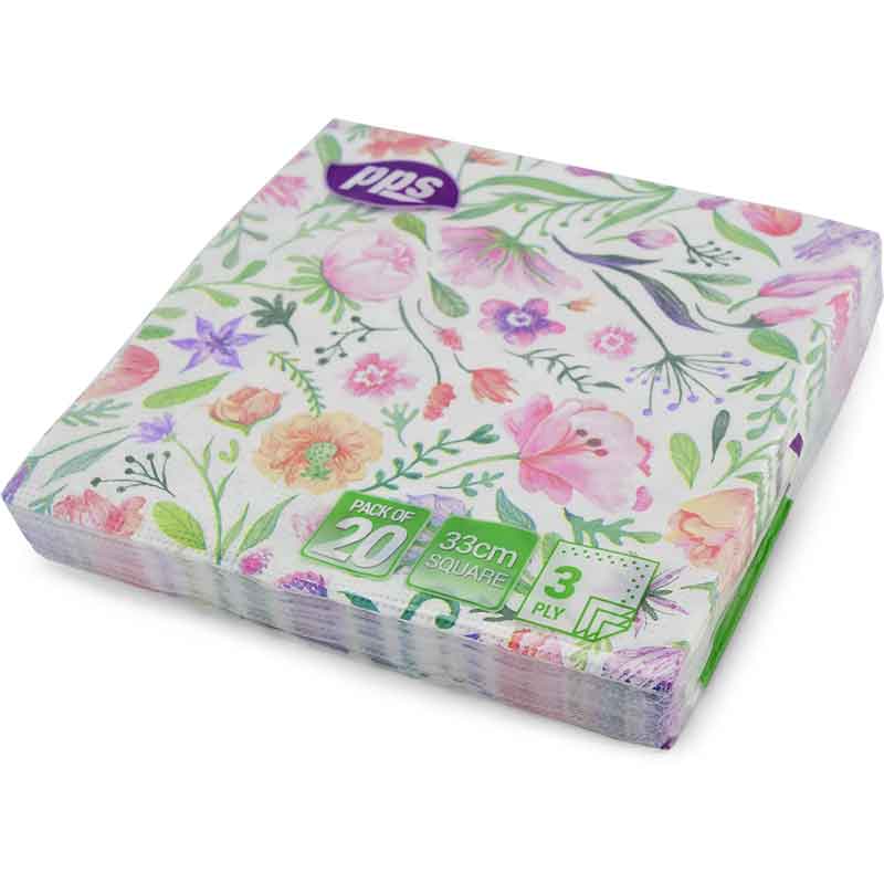 20PK 33cm 3PLY GREEN & PINK FLOWERS NAPKINS
