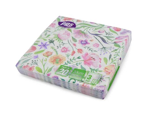20PK 33cm 3PLY GREEN & PINK FLOWERS NAPKINS