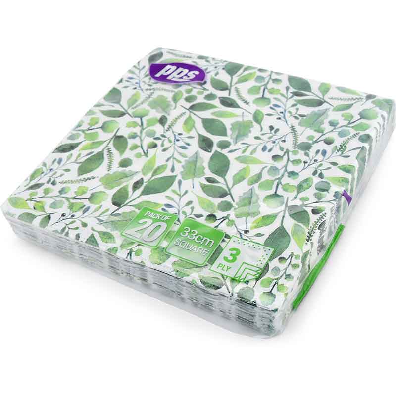 20PK 33cm 3PLY GREEN LEAF NAPKINS