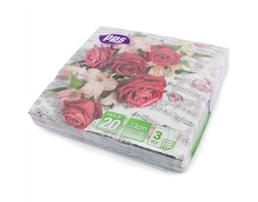 20PK 33cm 3PLY RED ROSE PINK FLOWER NAPKINS