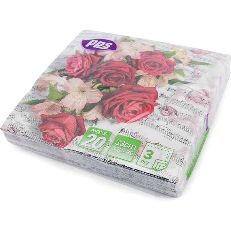 20PK 33cm 3PLY RED ROSE PINK FLOWER NAPKINS