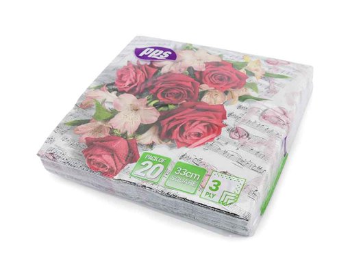 20PK 33cm 3PLY RED ROSE PINK FLOWER NAPKINS