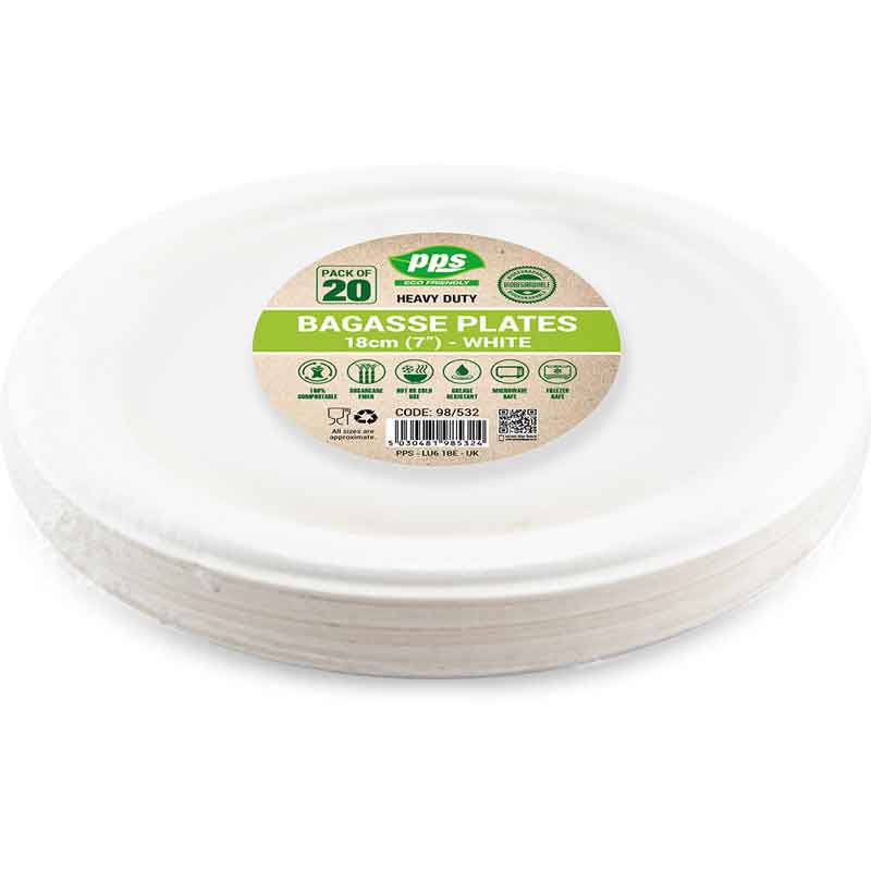 18cm 20PK WHITE BAGASSE PLATES