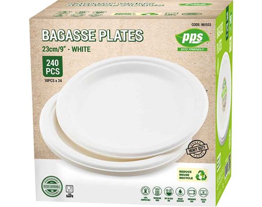 10PK 23cm WHITE BAGASSE PLATES