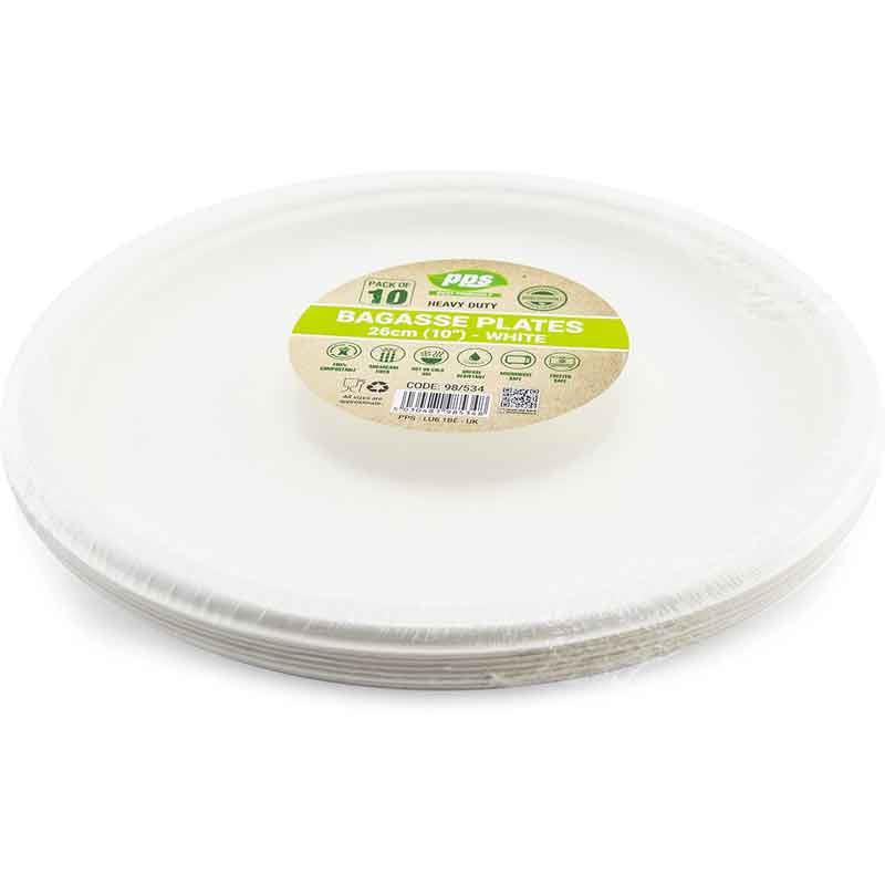 10PK 26cm WHITE BAGASSE PLATES