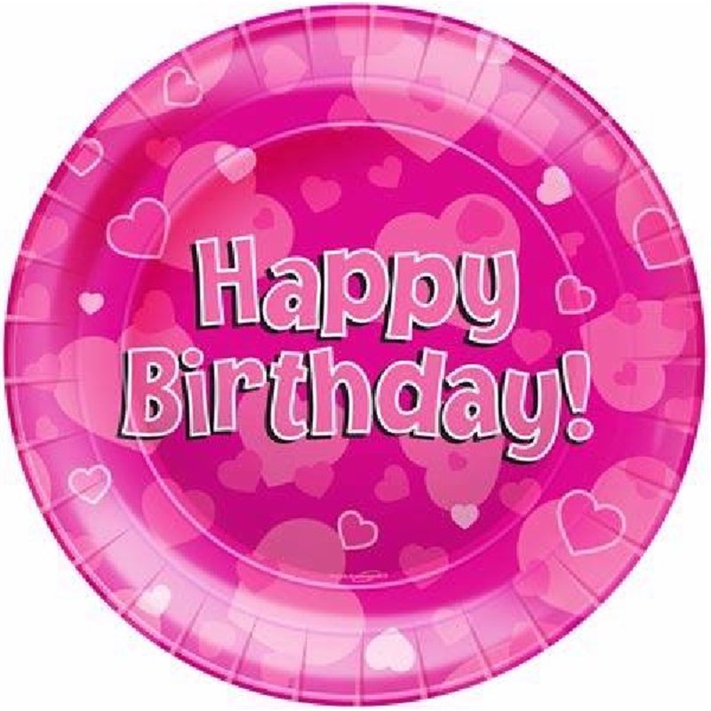 (8) 23CM HAPPY BIRTHDAY PINK PLATES