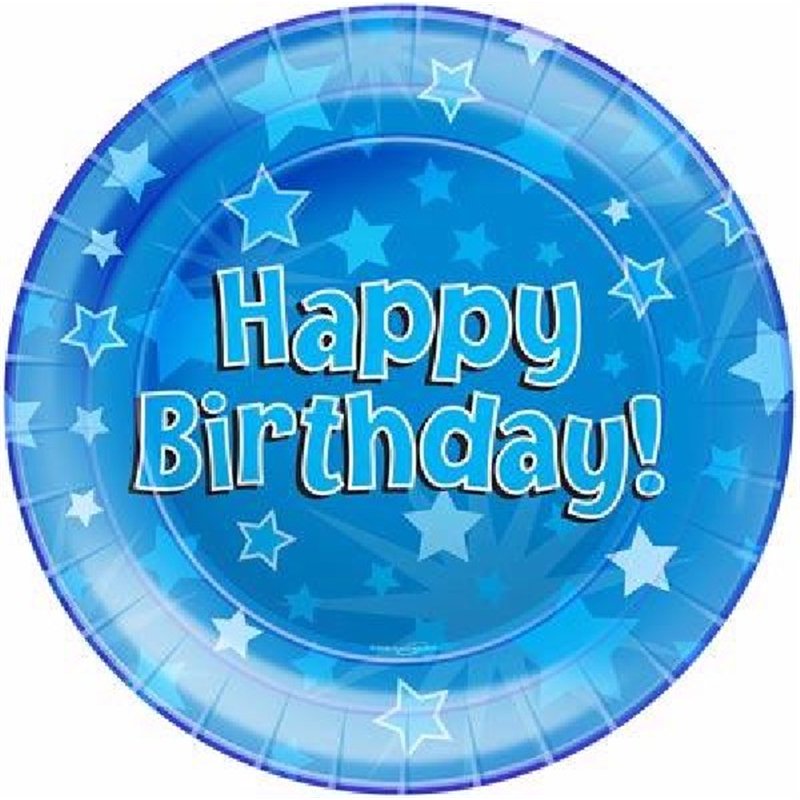 (8) 23CM HAPPY BIRTHDAY BLUE PLATES