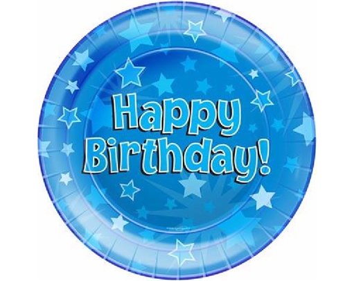(8) 23CM HAPPY BIRTHDAY BLUE PLATES