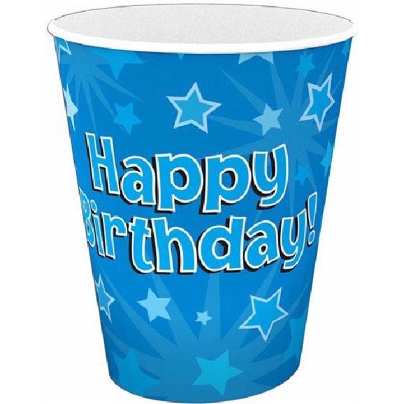 (8) 266ML HAPPY B/DAY BLUE CUPS