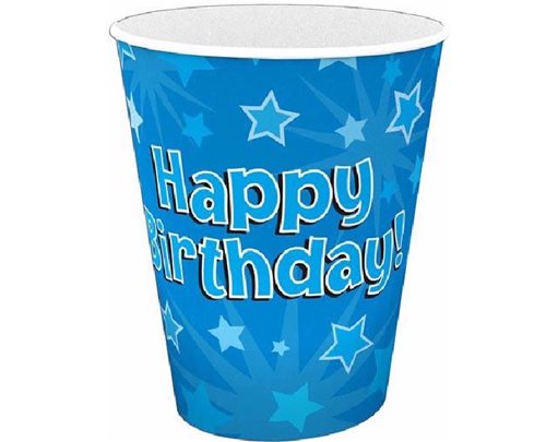 (8) 266ML HAPPY B/DAY BLUE CUPS