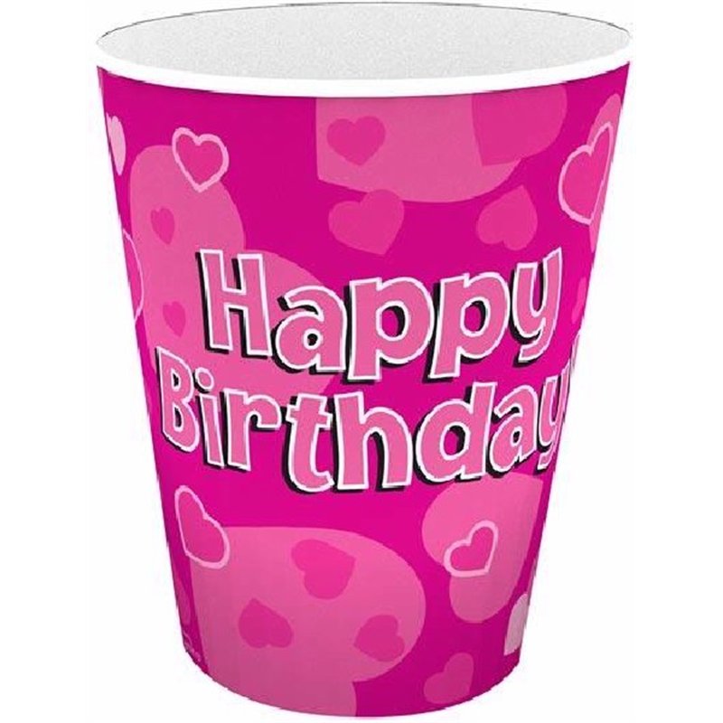 (8) 266ML HAPPY B/DAY PINK CUPS