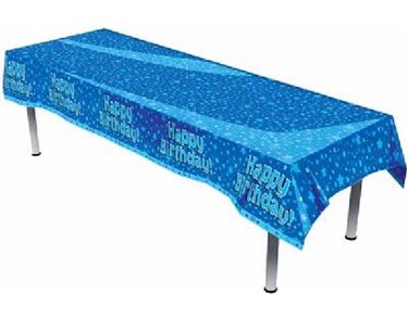 HAPPY BIRTHDAY BLUE PLASTIC TABLE COVER