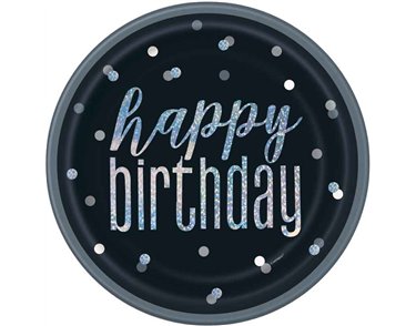 (8) 9in GLITZ BLACK BIRTHDAY PLATES