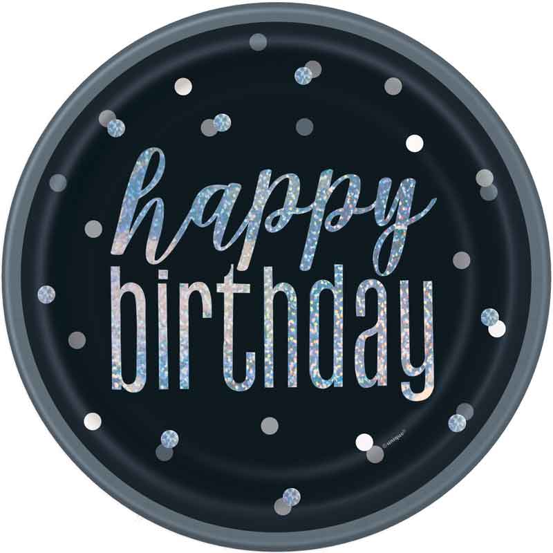 (8) 9in GLITZ BLACK BIRTHDAY PLATES