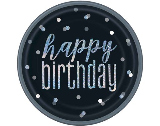 (8) 9in GLITZ BLACK BIRTHDAY PLATES