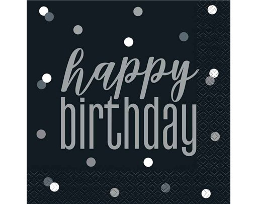 (16) GLITZ BLACK HAPPY BIRTHDAY L/NAPKINS