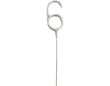7in NUMERAL 6 SILVER GLITZ SPARKLER