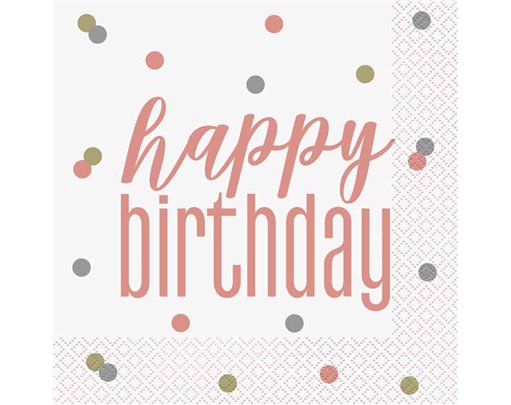 (16) GLITZ ROSE GOLD HAPPY BIRTHDAY L/NAPKINS