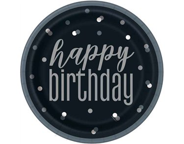 (8) 9in GLITZ BLACK & SILVER DOTS PLATES