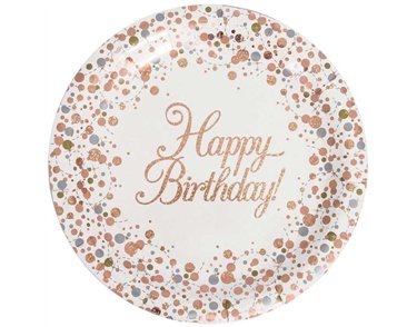 8PK 23cm HAPPY BIRTHDAY SPARKLING FIZZ ROSE GOLD PLATES