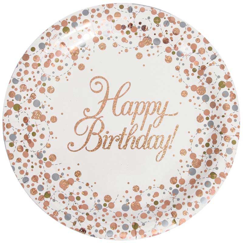 8PK 23cm HAPPY BIRTHDAY SPARKLING FIZZ ROSE GOLD PLATES