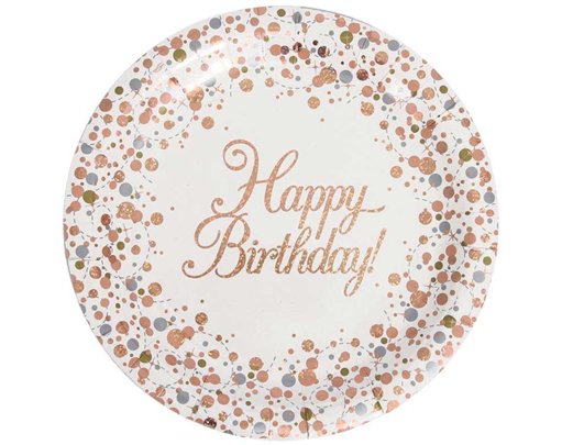 8PK 23cm HAPPY BIRTHDAY SPARKLING FIZZ ROSE GOLD PLATES