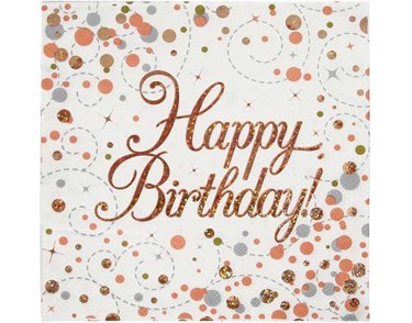 16PK HAPPY BIRTHDAY SPARKLING FIZZ ROSE GOLD NAPKINS