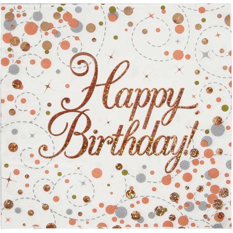 16PK HAPPY BIRTHDAY SPARKLING FIZZ ROSE GOLD NAPKINS
