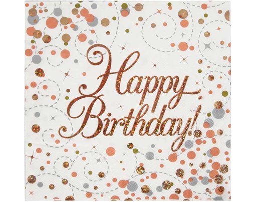 16PK HAPPY BIRTHDAY SPARKLING FIZZ ROSE GOLD NAPKINS