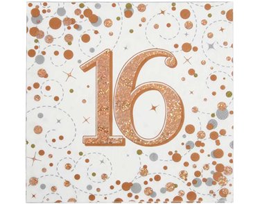 16PK 16TH BIRTHDAY SPARKLING FIZZ ROSE GOLD NAPKINS