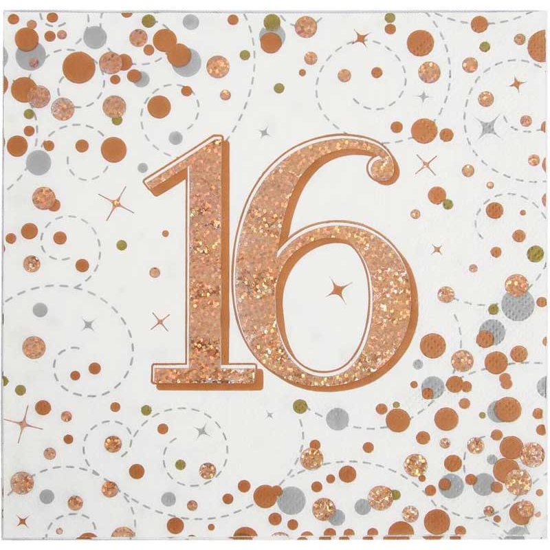 16PK 16TH BIRTHDAY SPARKLING FIZZ ROSE GOLD NAPKINS