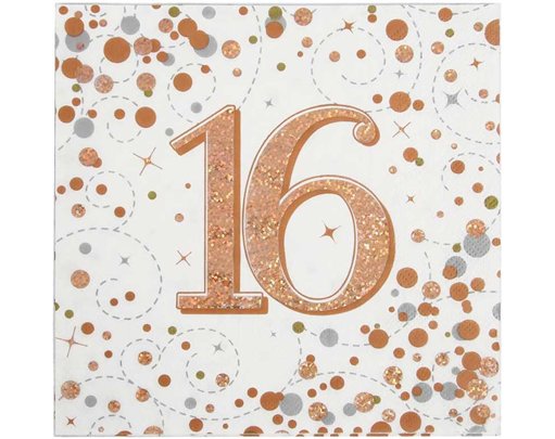 16PK 16TH BIRTHDAY SPARKLING FIZZ ROSE GOLD NAPKINS