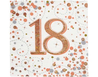 16PK 18TH BIRTHDAY SPARKLING FIZZ ROSE GOLD NAPKINS