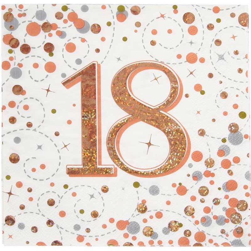 16PK 18TH BIRTHDAY SPARKLING FIZZ ROSE GOLD NAPKINS