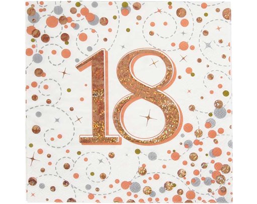 16PK 18TH BIRTHDAY SPARKLING FIZZ ROSE GOLD NAPKINS