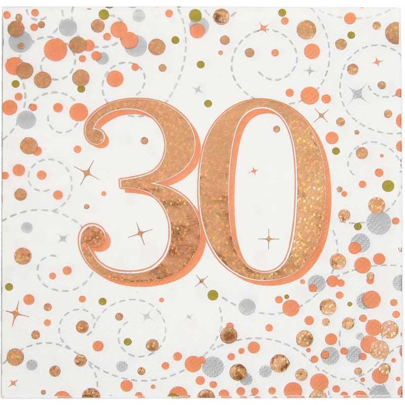 16PK 30TH BIRTHDAY SPARKLING FIZZ ROSE GOLD NAPKINS