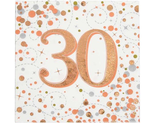 16PK 30TH BIRTHDAY SPARKLING FIZZ ROSE GOLD NAPKINS