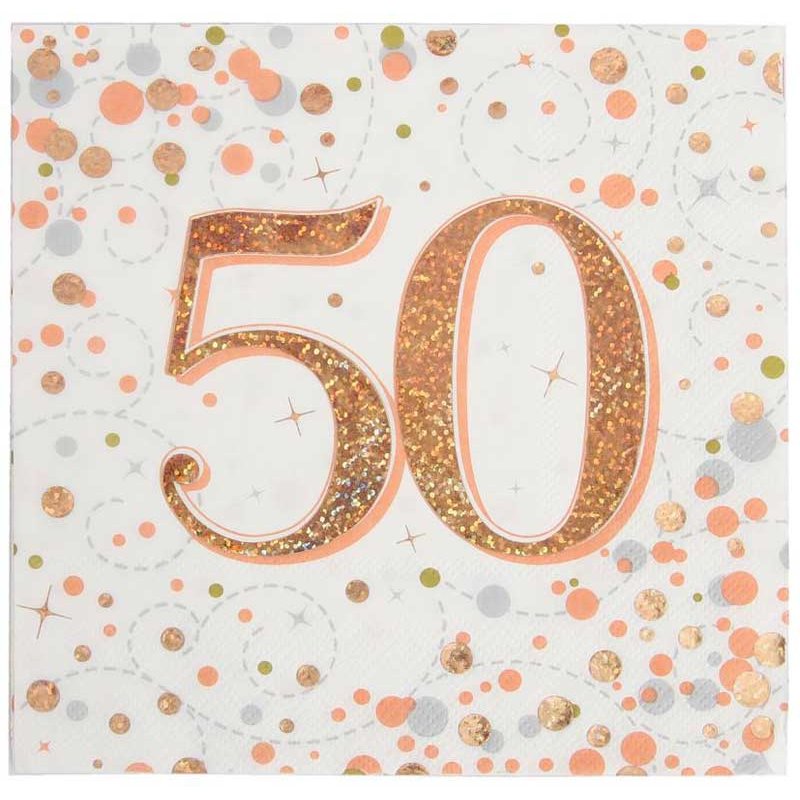 16PK 50TH BIRTHDAY SPARKLING FIZZ  ROSE GOLD NAPKINS